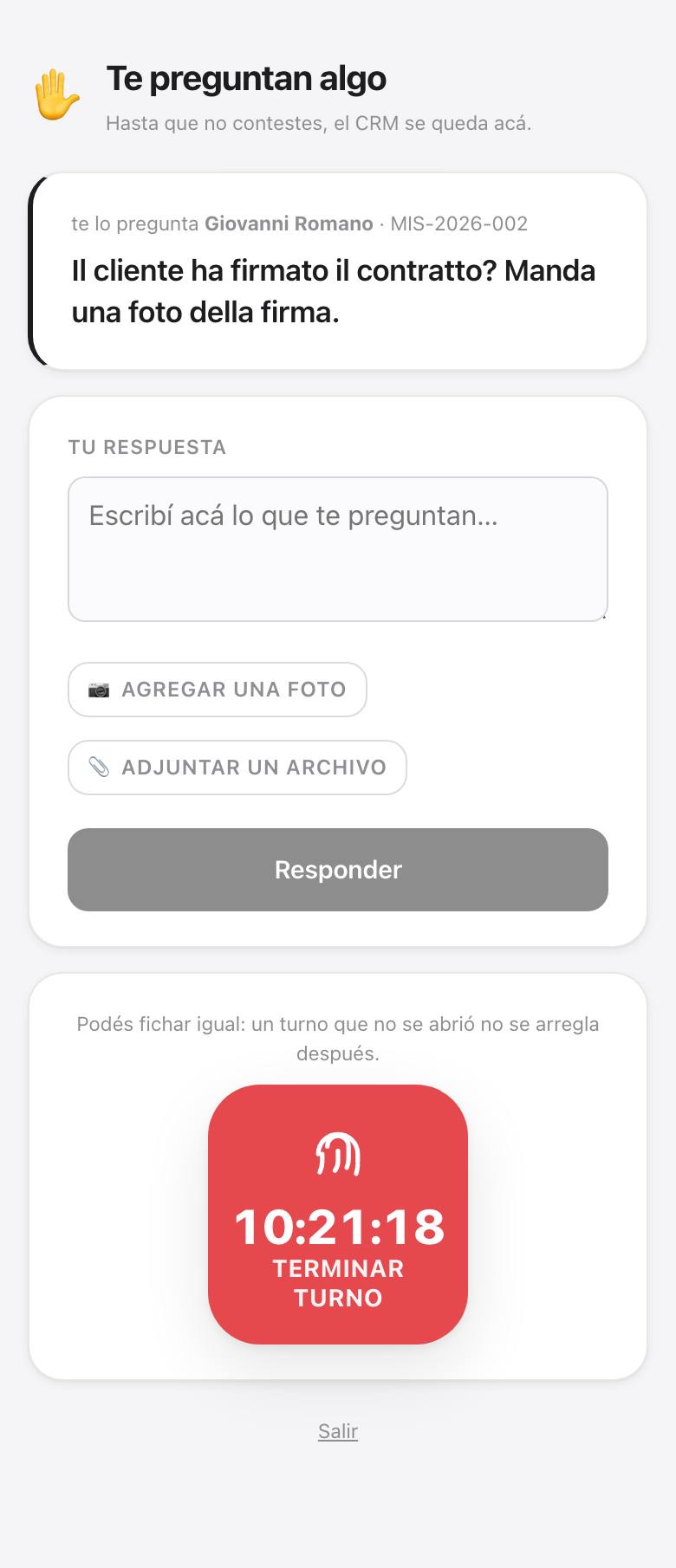 Una misión que bloquea la app hasta que se responde