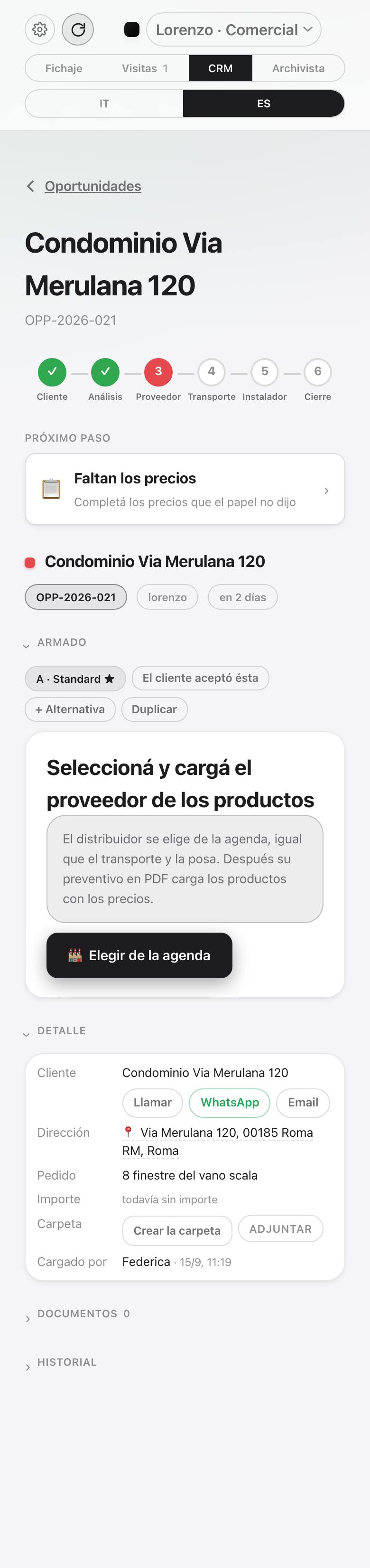 El armado de una oportunidad en el teléfono, en el paso del proveedor