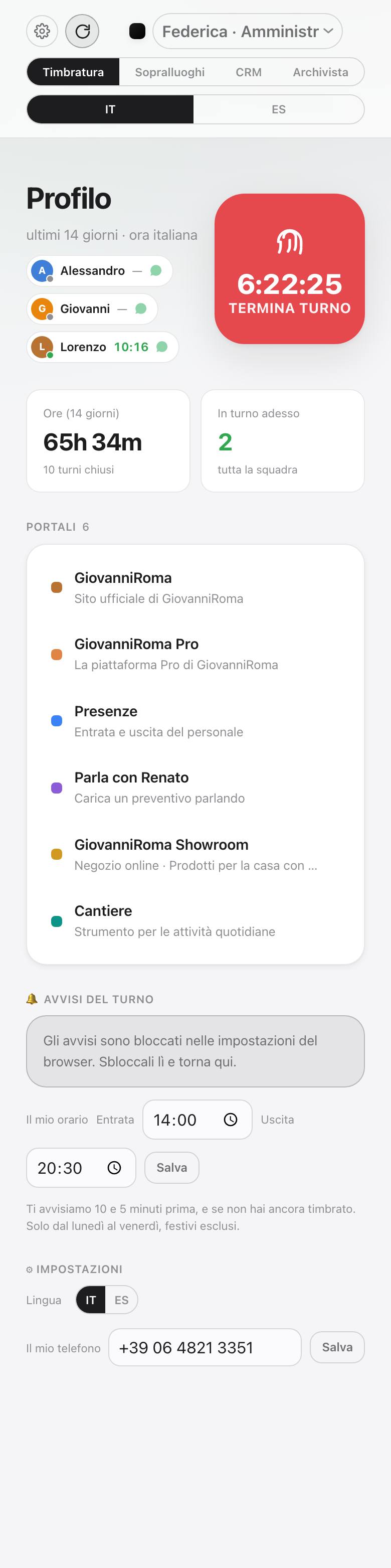 Timbratura e squadra in turno sul telefono