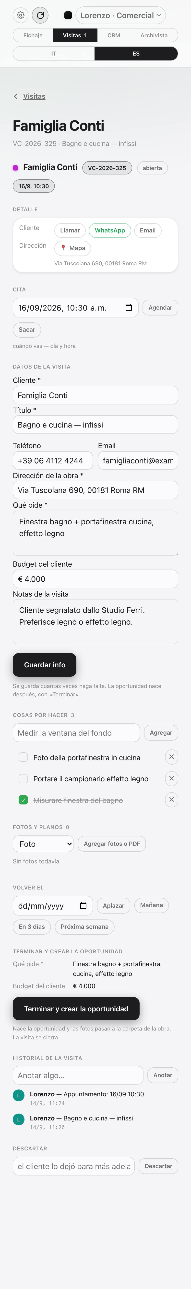 Ficha de una visita en el teléfono