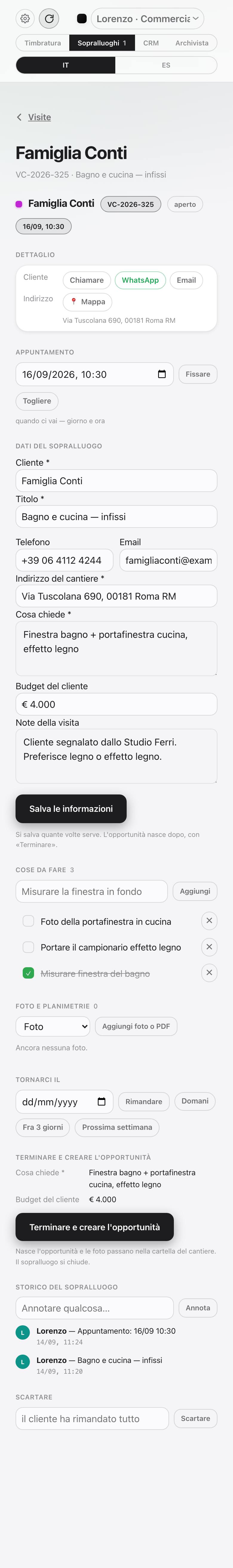 Scheda di un sopralluogo sul telefono